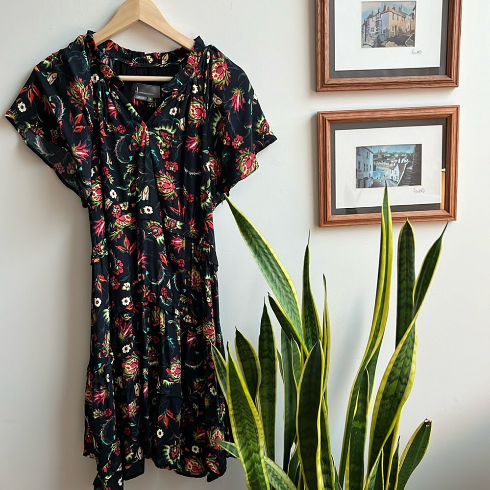 Anthropologie Womens Paisley V Neck Tiered Ruffle Dress Black Red Green